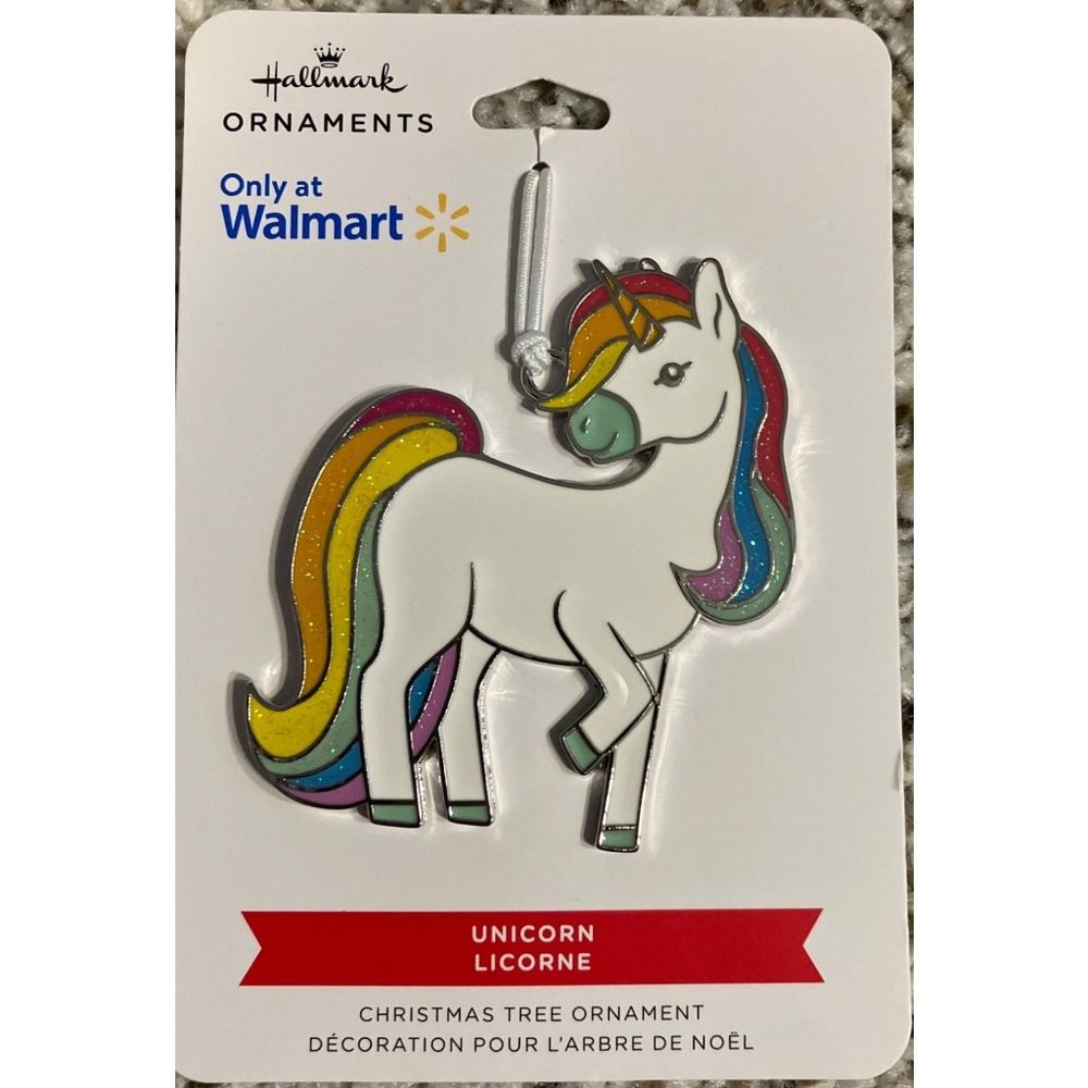 Hallmark 2022 Rainbow Unicorn Christmas Ornament 2.5” Flat Metal Enamel Glittery